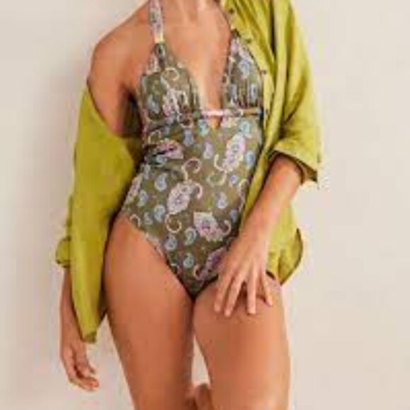 Boden British syle pink green beaded paisley one piece swimsuit size 10 - Picture 4 of 4